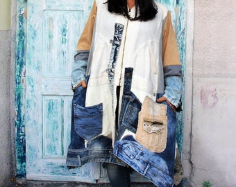 L-XL Fantasy denim distressed white and cream boro boho jacket coats with hood recycled hippie bohemian style