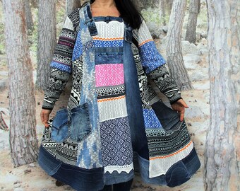 L-XXL Fantasy small pattern ethnic sweaters and blue denim patchwork dress top hippie lagenlook boho style