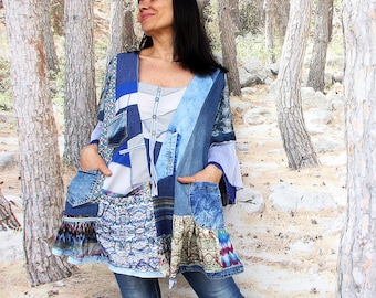 L-XL Crazy Denim Fantasy Patchwork Tunika Top lustige Taschen recycelt lagenlook Hippie Boho Boho