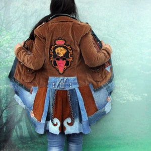 NEW M Crazy fall  jacket deep brown velvet and blue denim and Dog portrait patch  recycled hippie boho style