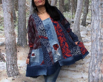 L-XL  Fantasy jacquard sweaters and blue distressed denim combination  patchwork top tunic dress  recycled lagenlook hippie boho