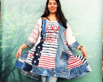 Plus size L-XXL Crazy summer sailor striped and blue denim patchwork top recycled hippie boho style