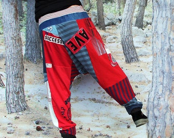 M-L Crazy yoga denim pants pop art printed recycled patchwork hippie boho style
