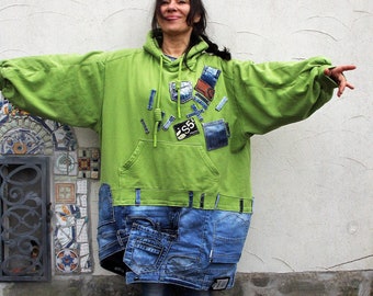 Plus size 3X XL-XXL Denim appliqued hoody tracksuit jacket sweater recycled up cycled  hippie boho style