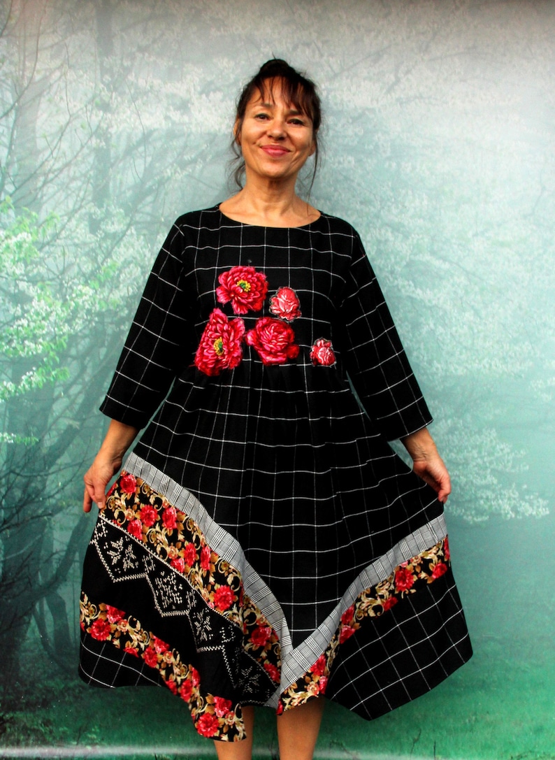 L-LXL Roses appliqued grid dress recycled hippie boho romantic