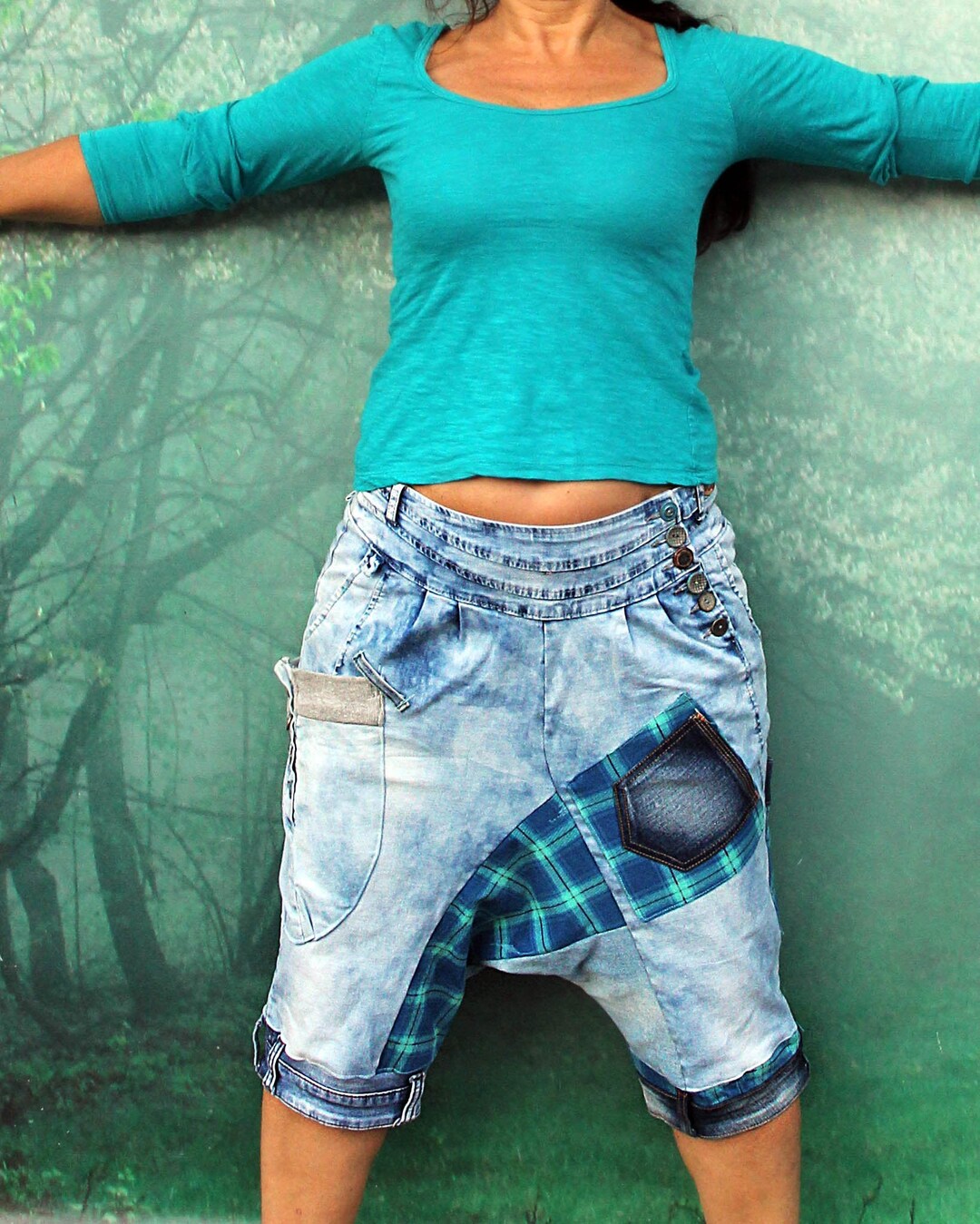 ML Crazy Knee Yoga Denim Pants Boro Inspired Appliqued Recycled