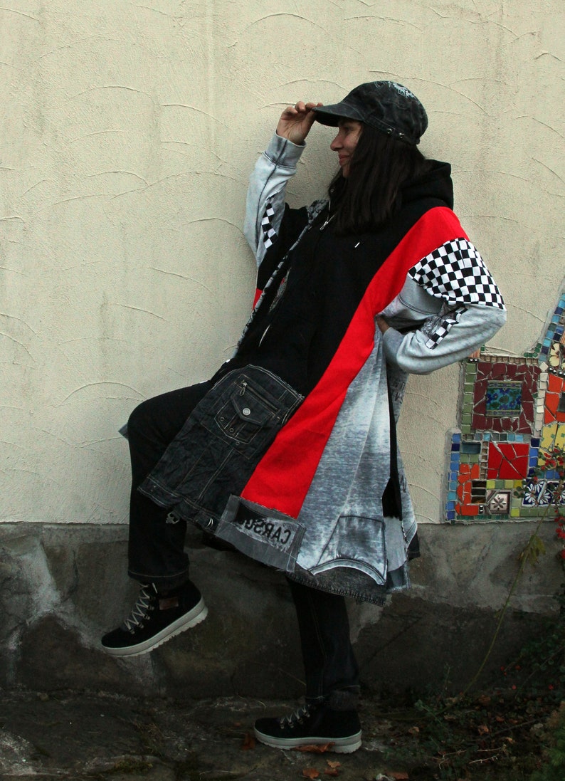 XL-XXL Plus size crazy recycled hooded coat grey denim pop art hippie boho