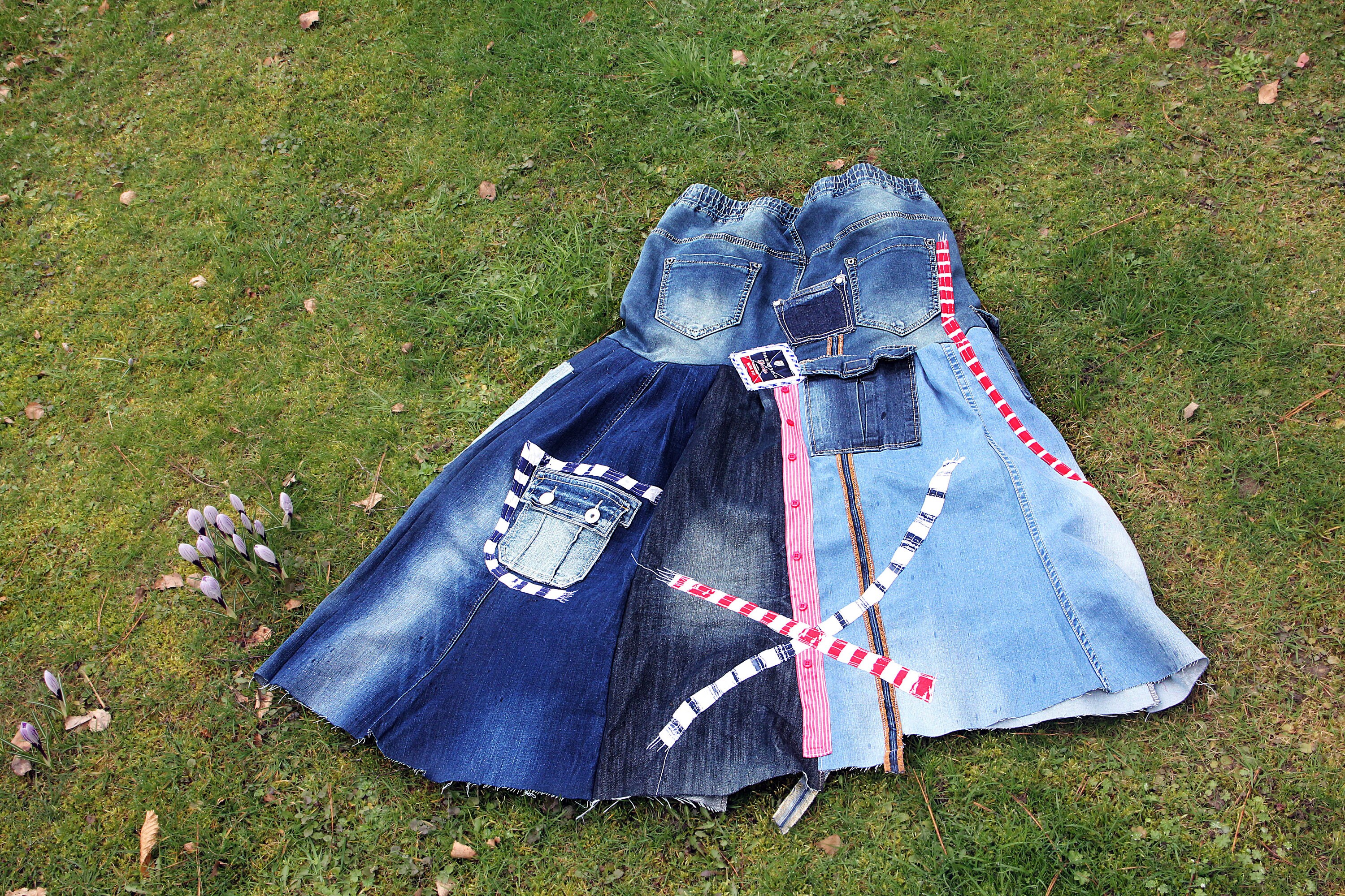 L Crazy Boho Denim Recycled Skirt Hippie Bohemian Street