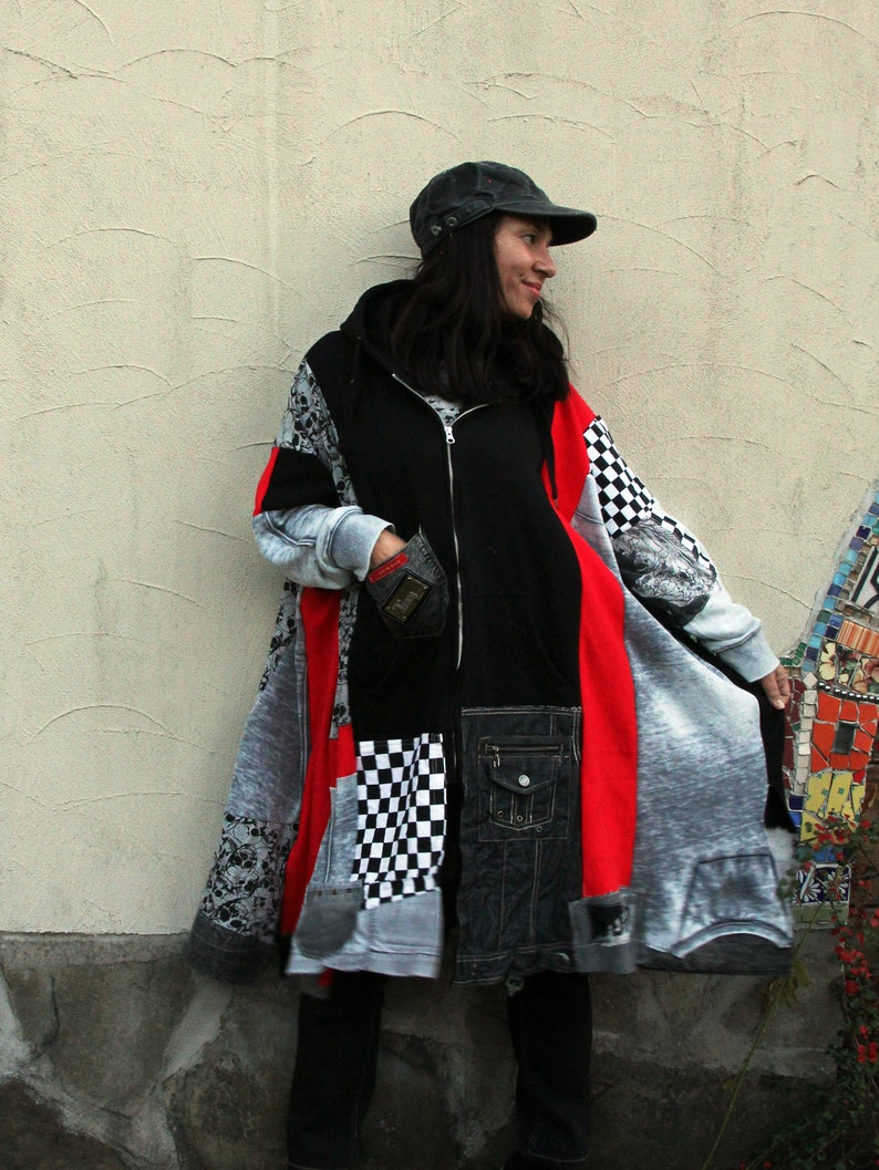XL-XXL Plus size crazy recycled hooded coat grey denim pop art hippie boho