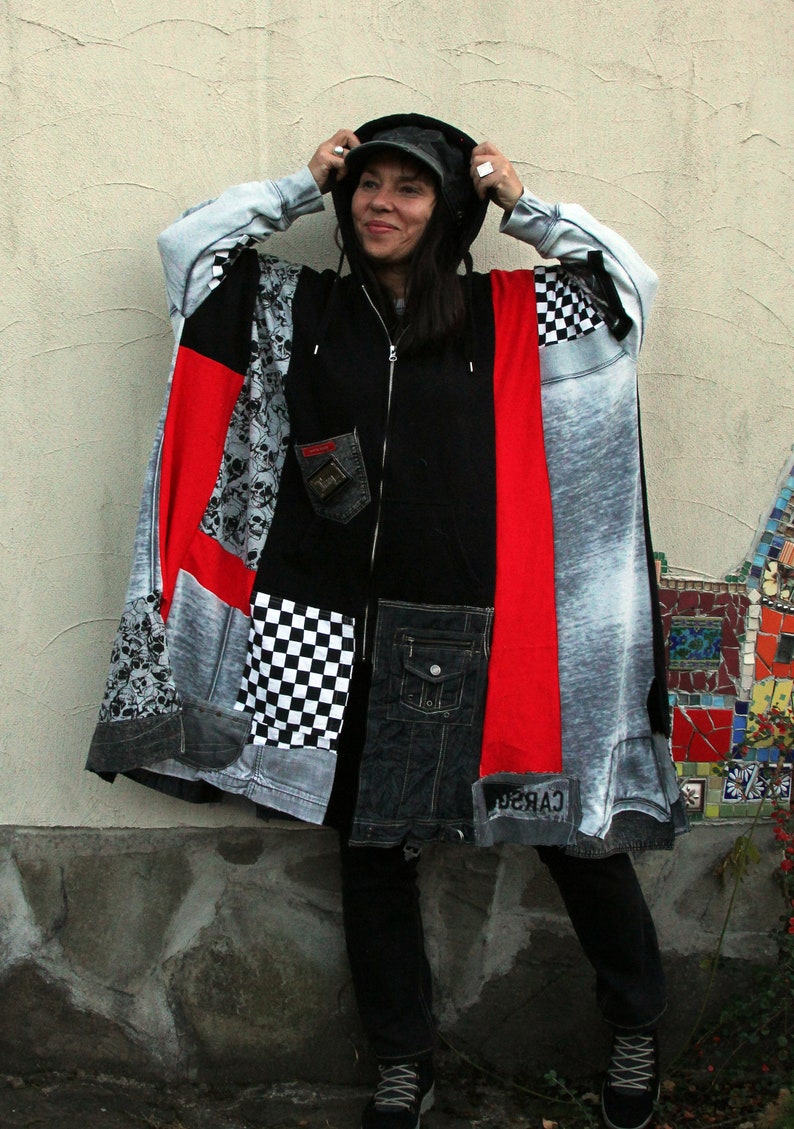 XL-XXL Plus size crazy recycled hooded coat grey denim pop art hippie boho