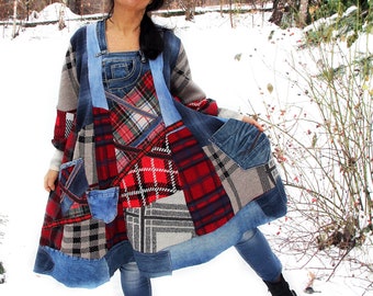 L-XL Crazy Grid karierten Pullover und blaue Jeans Kombination Patchwork Top Tunika Kleid recycelt lagenlook Hippie Boho