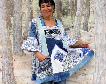 L-XL  Romantic folk embroidered, English pottery pattern and thin blue denim top  dress lagenlook recycled hippie boho