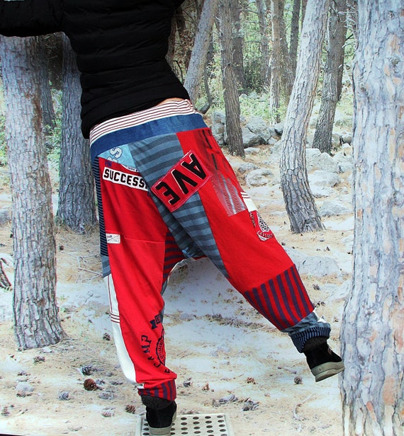 M-L Crazy Yoga Denim Pants Pop Art Printed Recycled Patchwork