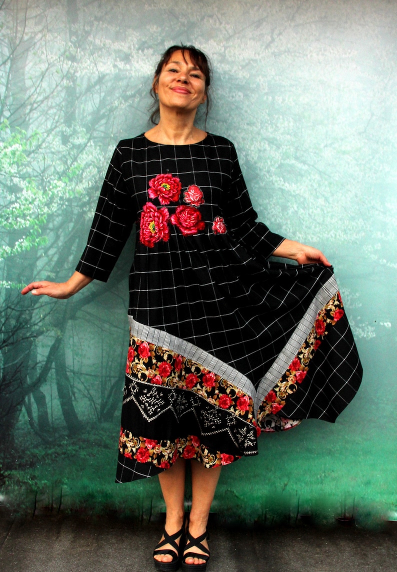 L-LXL Roses appliqued grid dress recycled hippie boho romantic