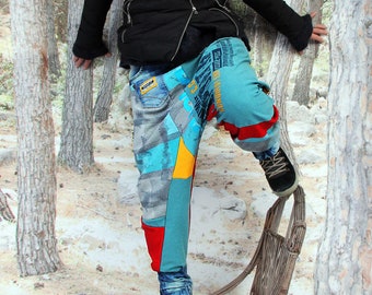 M-L/XL Crazy yoga denim pants pop art printed recycled patchwork hippie boho style