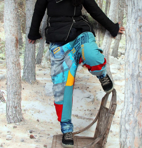 M-L/XL Crazy Yoga Denim Pants Pop Art Printed Recycled Patchwork Hippie  Boho Style -  Canada