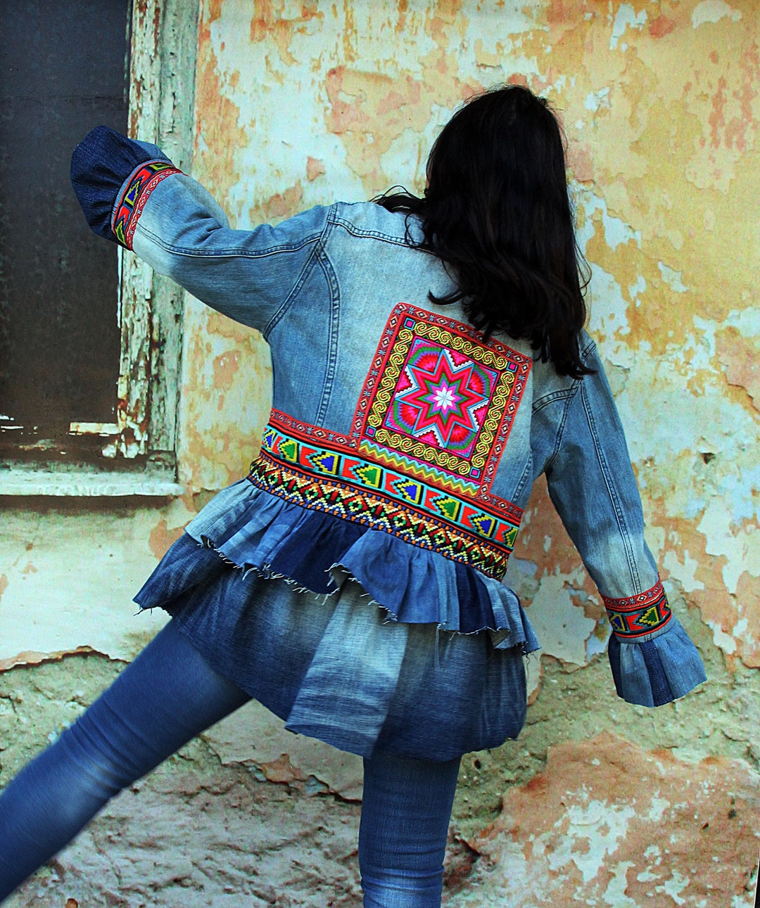 ジャケット・アウター Ethnic Embroided Design No Collar Jacket L-XL Boho Ethnic Embroidered Appliqued Blue Denim Jacket