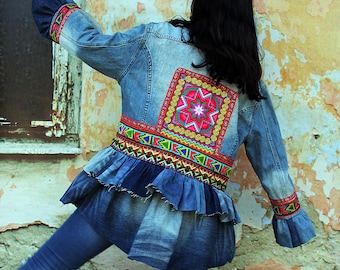 L-XL Boho ethnic embroidered appliqued blue denim jacket boho bohemian lagenlook hippie coat