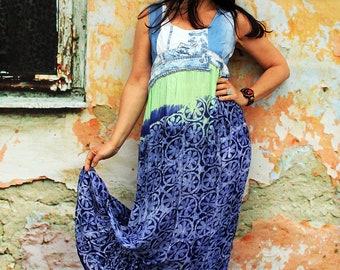 M-M/L Maroccan hand dyed cotton and denim recycled long dress recycled hippie boho style