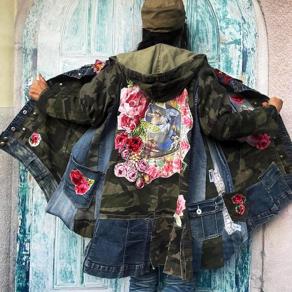 Camo and Roses Appliqued Recycled Denim Patchwork Jacket, Khaki Green Hooded Coat Plus Size (L-XXL)