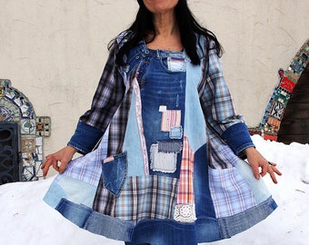 L-L/XL Crazy blue denim distressed and pastel grid patchwork recycled  hippie boho bohemian shabby chic tunic top