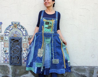 Plus size L-XXL Crazy denim skirt with suspenders lace appliqued recycled patchwork hippie boho style
