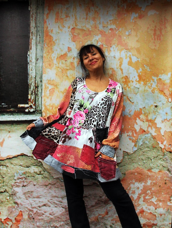 L-XL Recycled Patchwork Tunic Dress: Floral, Cougar Spots, Denim Boho Top