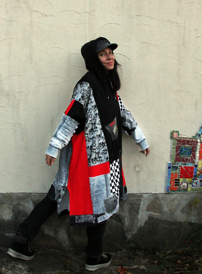 XL-XXL Plus size crazy recycled hooded coat grey denim pop art hippie boho