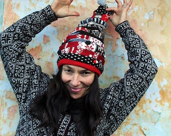 M-XL crazy patchwork sweaters leftovers Norwegian patterns beanie hat hippie boho bohemian folk style