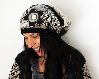 Crazy patchwork appliqued  recycled sweaters slouch hat beanie hat hippie boho