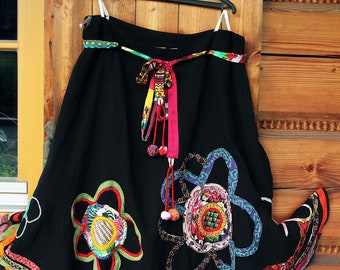 L-XL Colorful art appliqued recycled long black skirt hippie boho lagenlook style