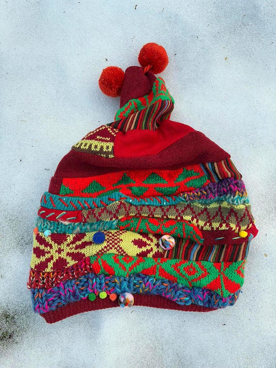 hand made colorful hat pom pom bohemian Bohemian Stripe Crochet Knit Slouchy Pom Pom Beanie Warm  main image 3