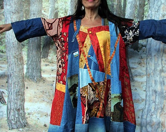 Very large plus size XL-XXL Crazy blue denim  and  Japanese printed Asian style patchwork recycled  hippie boho bohemian tunic dress top