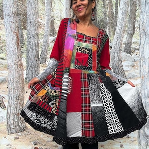 Rutnät Tartan Jaquard Återvunnet Patchwork Tunika Klänning X-XL Boho Grunge