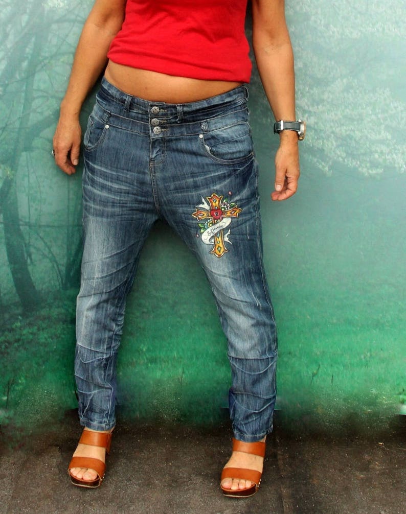 M/L Ed Hardy Crazy Yoga Pants Hand Painted Denim Jeans up Etsy