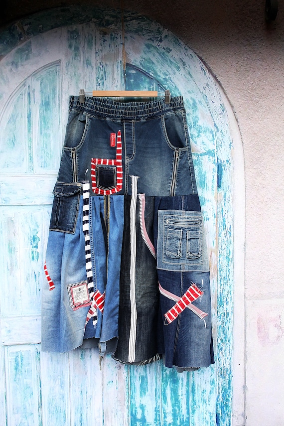 L Crazy Boho Denim Recycled Skirt Hippie Bohemian Street