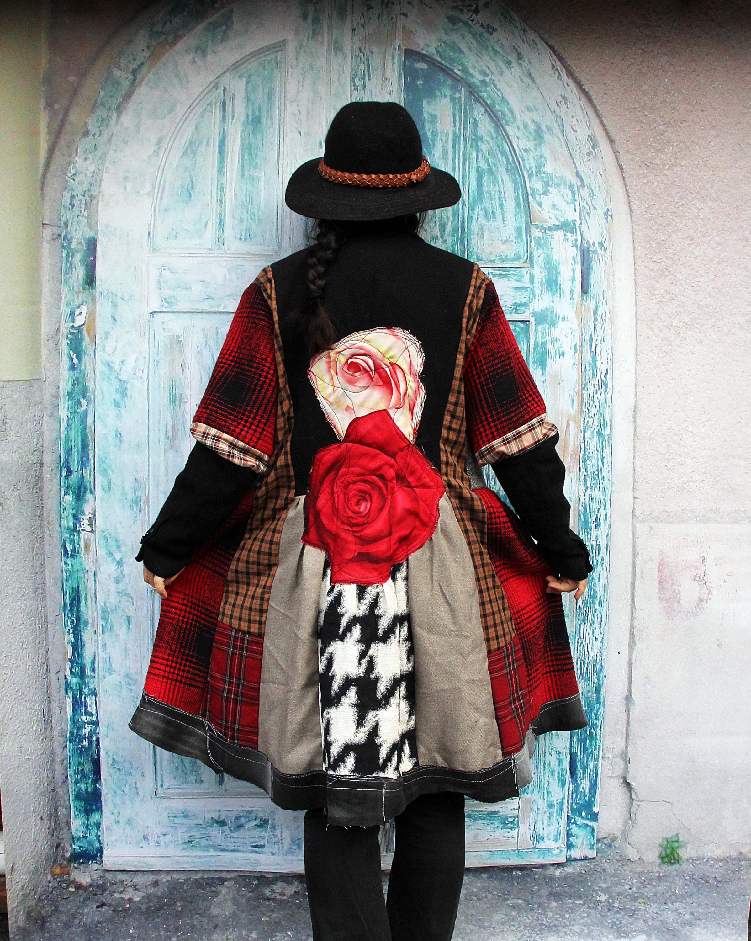 L-XXL Einzigartige Herbst Jacke Mantel Blumen applizierten Rosen