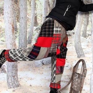 L-XL Crazy yoga patchwork fall/winter pants plaid grid tartan recycled hippie boho style