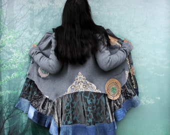 NEW M-L Fantasy fall/winter  jacket/coat velvet and blue denim and lace crochet appliqued recycled hippie boho style