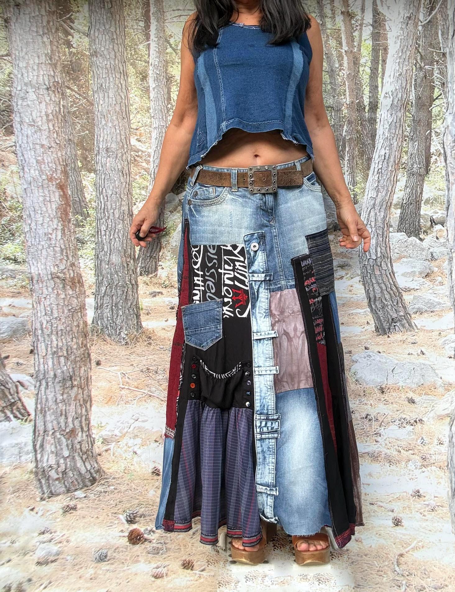 Patchwork Denim Skirt - Etsy