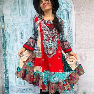 L-XL Vestito patchwork ricamato con fantasia pazza indiana, stile hippie, stile boho