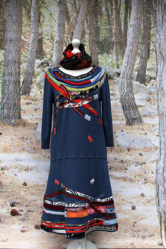 M-M/L Colorful Art Appliqued Blue Cotton Dress Recycled Hippie Boho Recycled