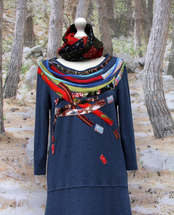 M-M/L Colorful Art Appliqued Blue Cotton Dress Recycled Hippie Boho Recycled
