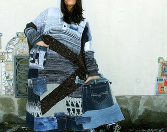 Plus size L-XXL  Hoody blue, brown and grey sweaters and denim  recycled patchwork poncho coat hippie boho