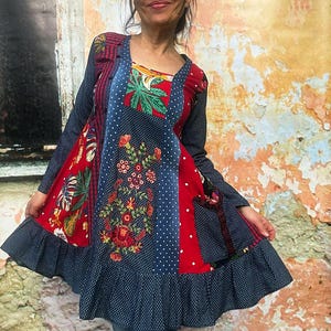 sachin and babi light blue dress Embroidered Floral Denim Tunic Top: Recycled Patchwork Boho Dress (S-M)