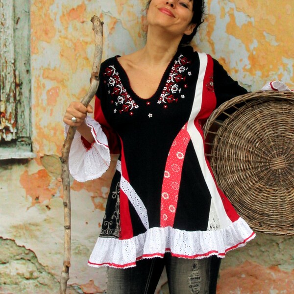 1X ethno recycled blouse tribal folk crazy embroidered tunic hippie boho recycled