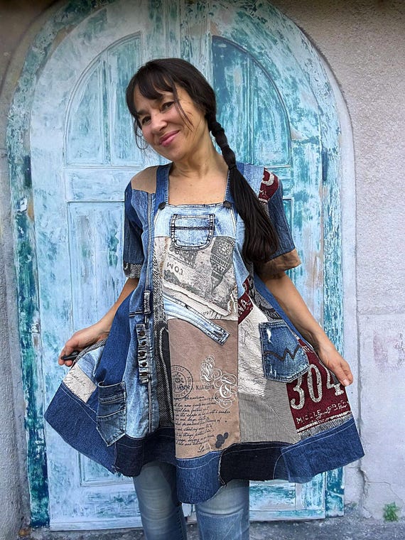 Recycled Denim Patchwork Tunic Dress: Boho Hippie Grunge Style