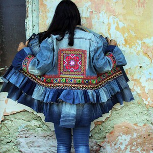 L-XL Boho Ethnic Embroidered Appliqued Blue Denim Jacket Boho Bohemian ...