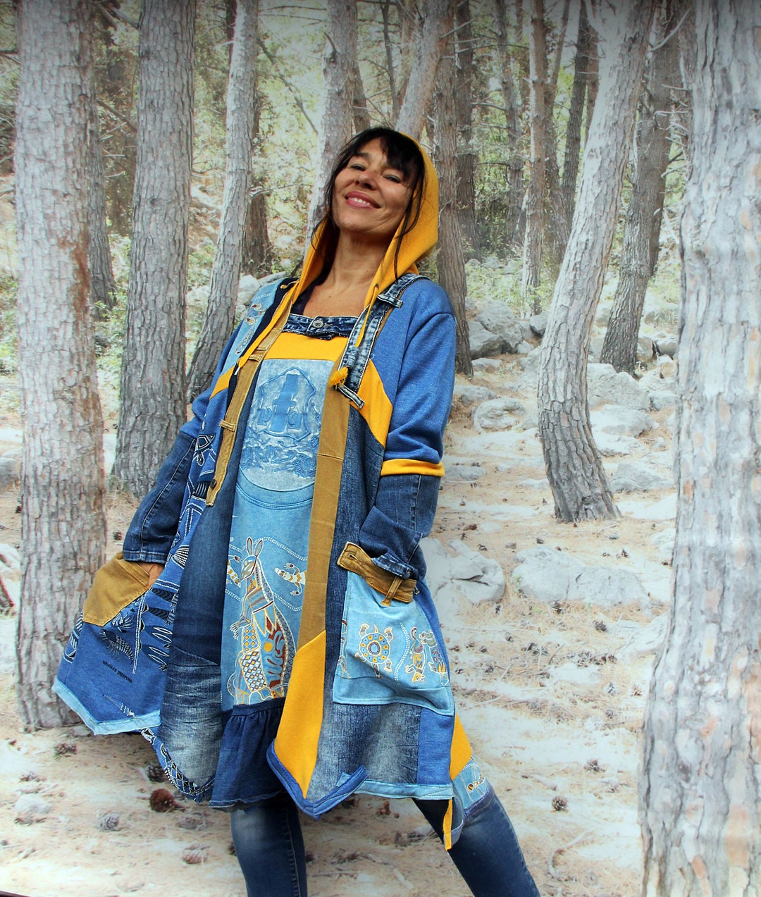 LXL Aboriginal Art Printed and Blue/yellow Denim Fall Winter Etsy