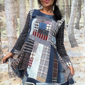 Tunique en denim patchwork : M, style bohème recyclé